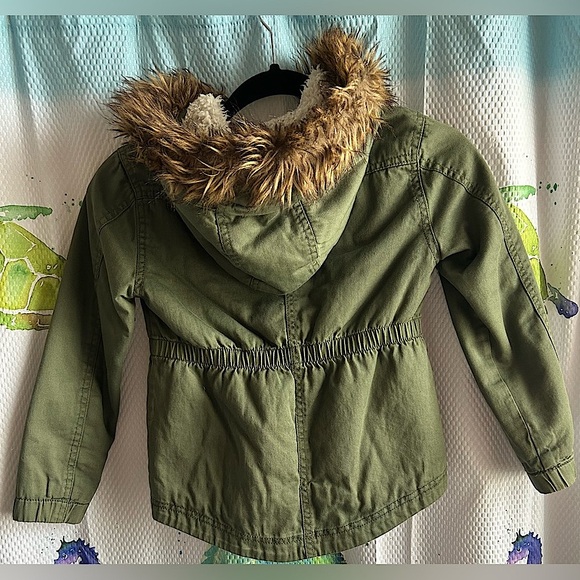Olive Green Jacket with Faux Fur Hood - Picture 2 of 3